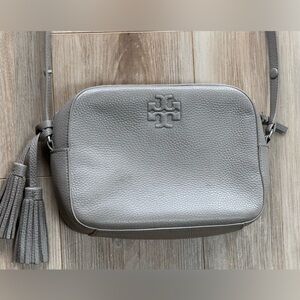 Tory Burch Pebbled Leather Crossbody in Light Gray with Tassel